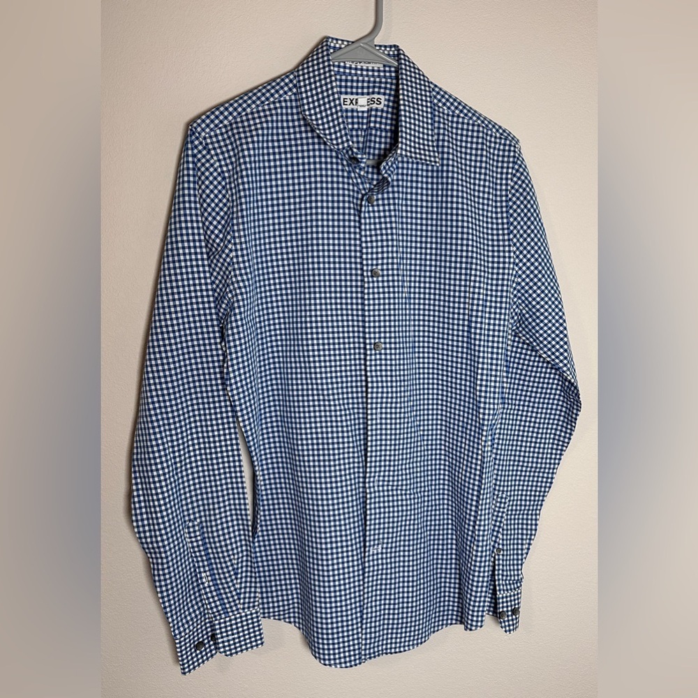 Express Men's extra slim fit Blue Checkered button up shirt long sleeve size M